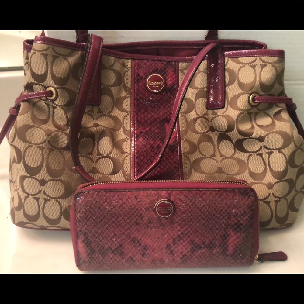 Coach Handbag Pink Snakeskin & Monogram w/ wallet.
